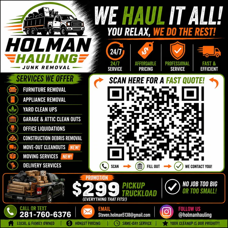 Holman Hauling services flyer with QR code for a fast quote
