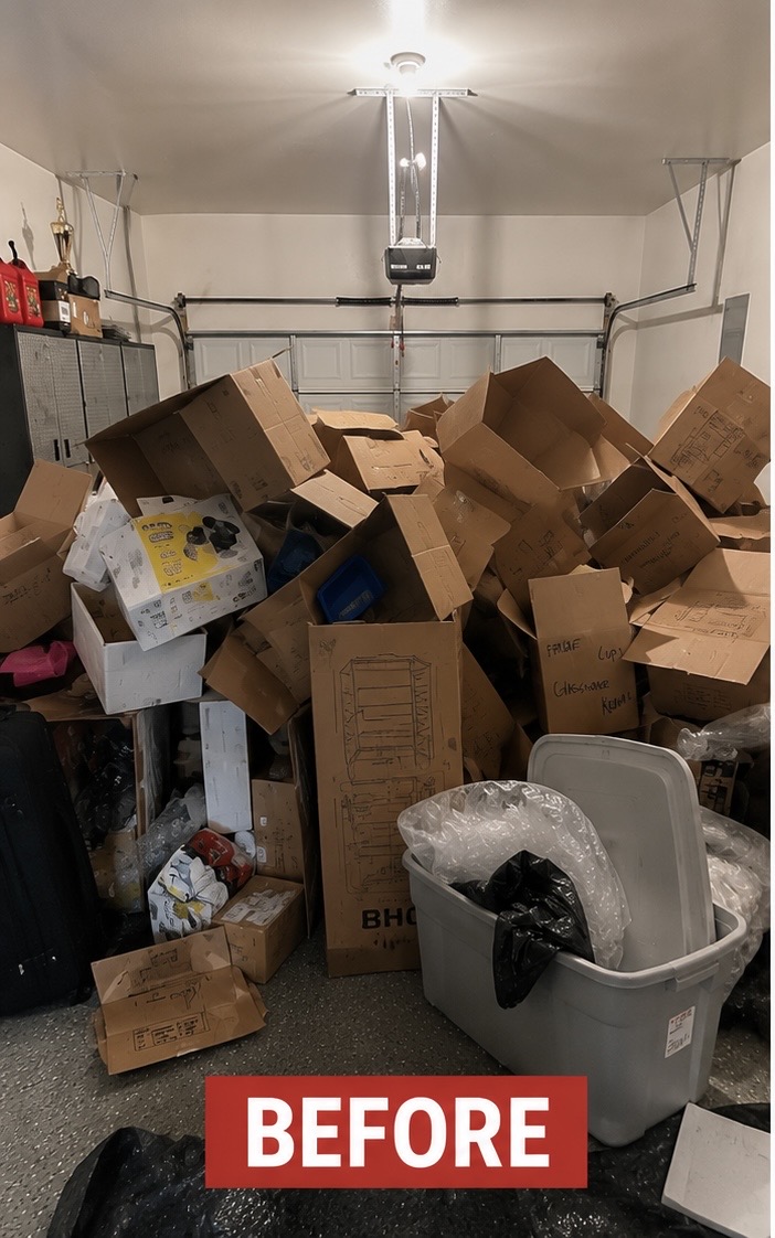Before and after slider: a packed Houston garage filled with boxes, bins, and household clutter is cleared to a clean, swept floor by Holman Hauling — before