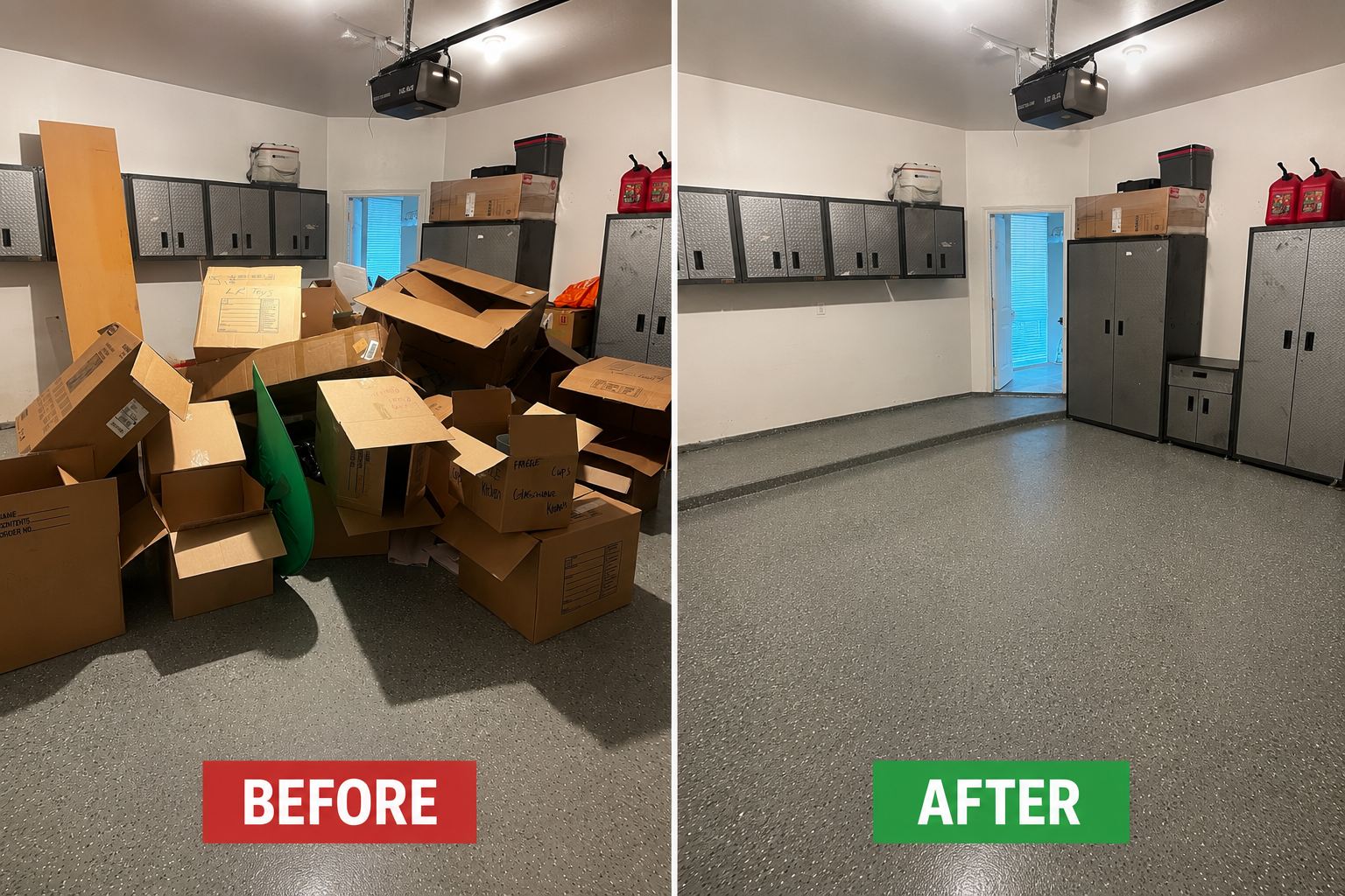 Houston garage box cleanout before and after — moving boxes and clutter removed by Holman Hauling, leaving a clean garage floor