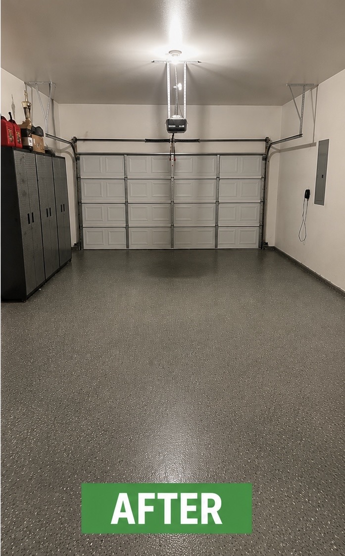 Before and after slider: a packed Houston garage filled with boxes, bins, and household clutter is cleared to a clean, swept floor by Holman Hauling — after