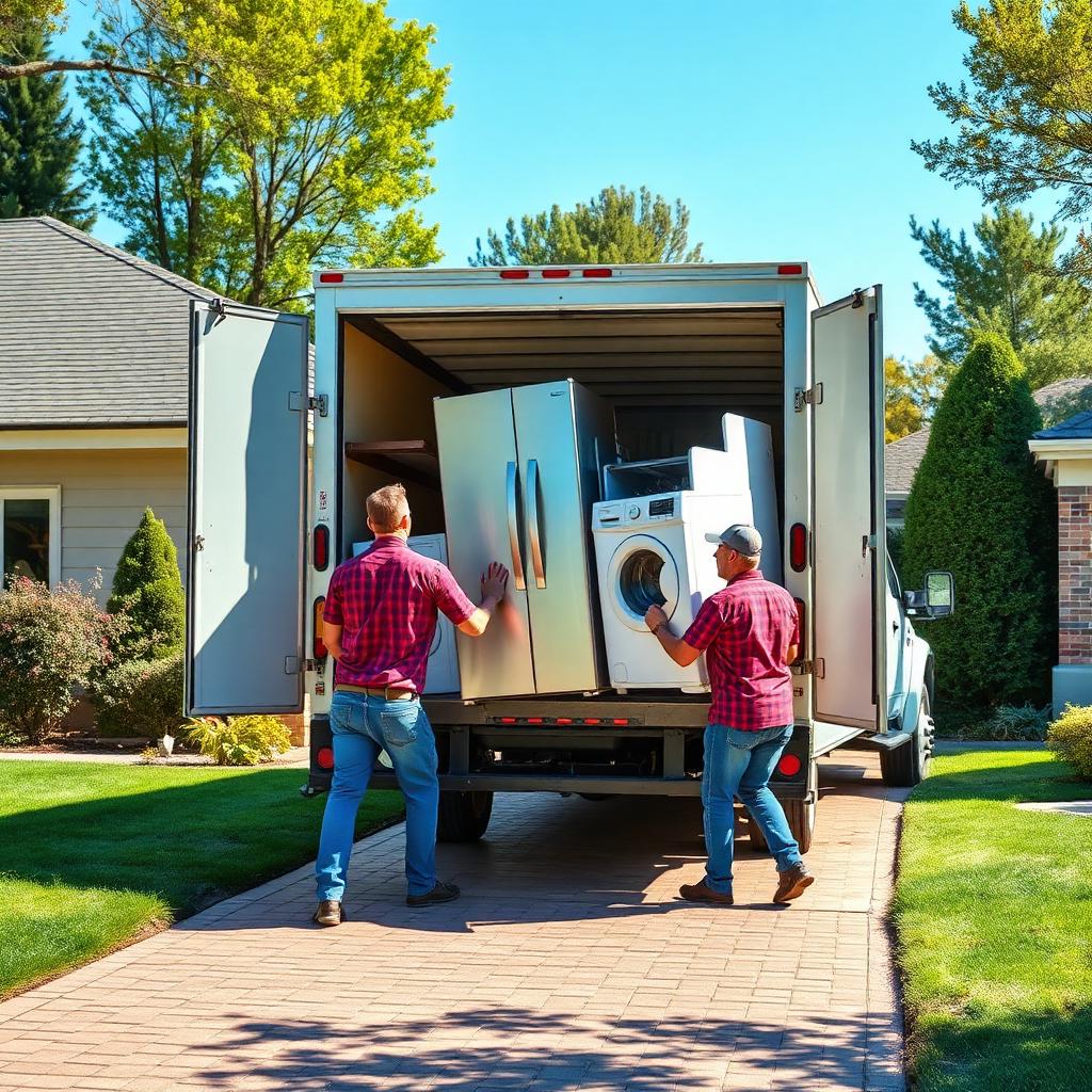 Workers hauling appliances into a removal truck