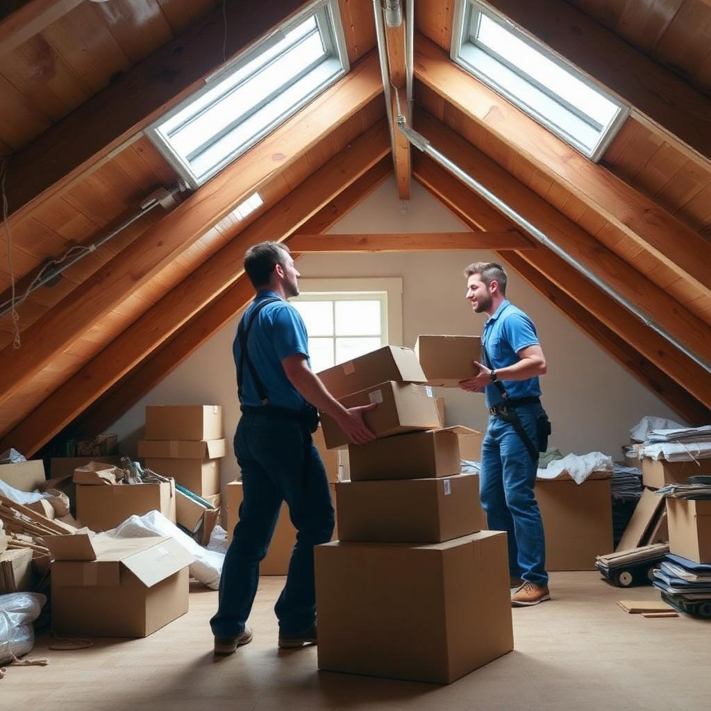 Workers removing boxes from a residential attic