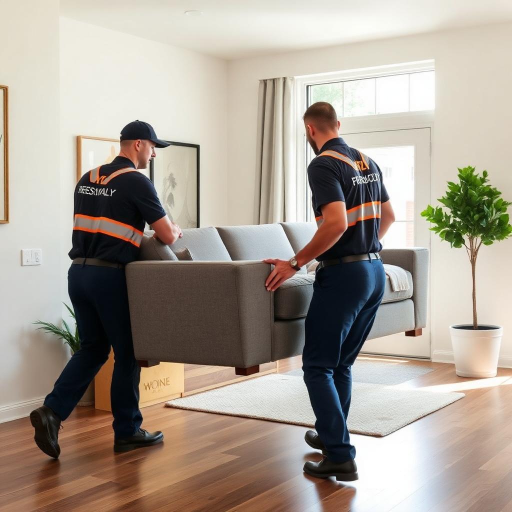 Professional movers removing a couch from a Houston home