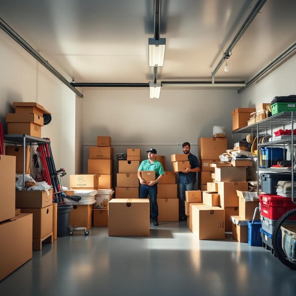 Garage cleanout with organized boxes and workers