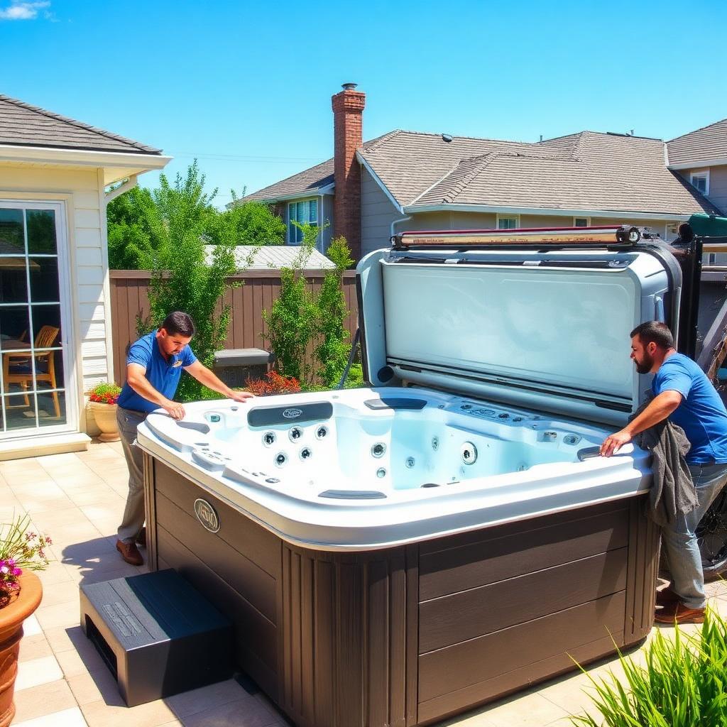 Workers removing a large hot tub from a backyard