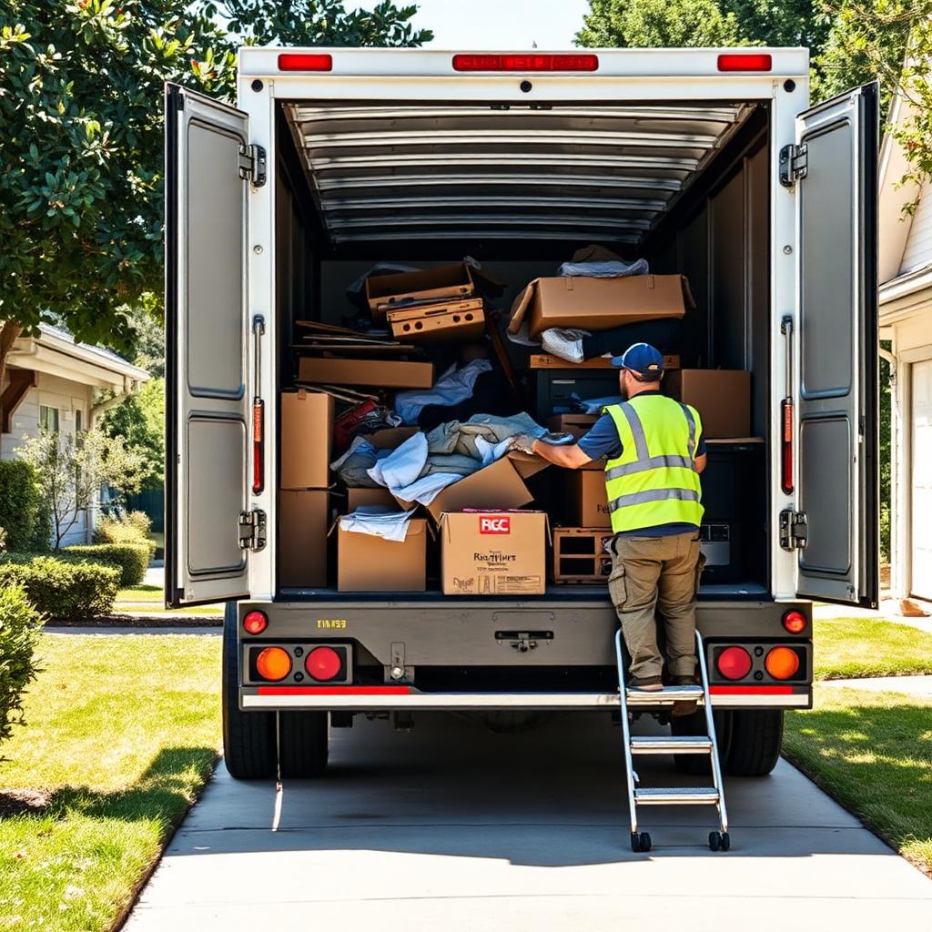 Junk removal truck being loaded with household items in Houston