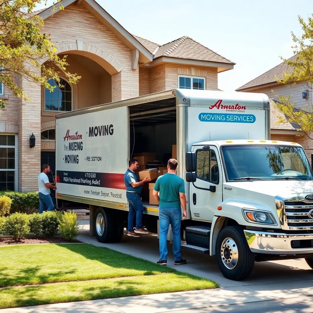 Moving truck with crew loading boxes at a Houston home