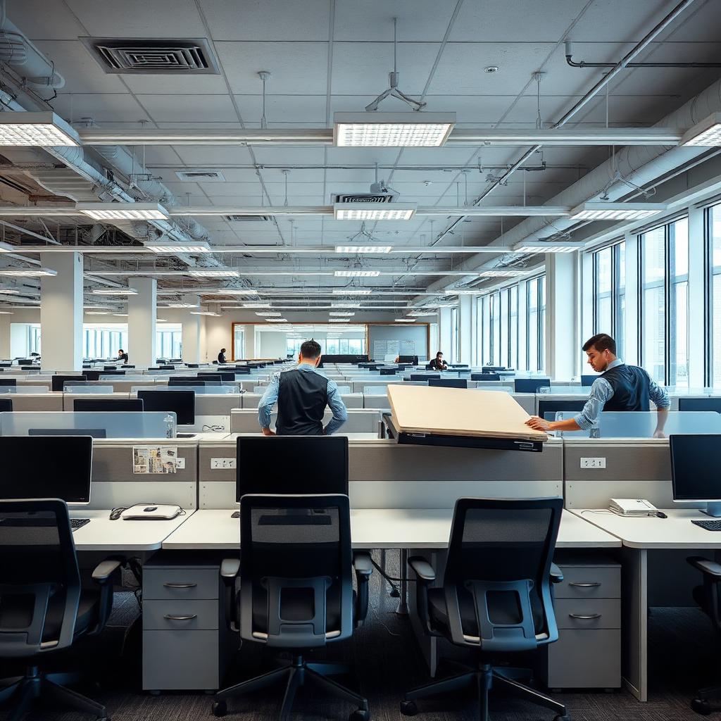 Office liquidation crew clearing desks and cubicles