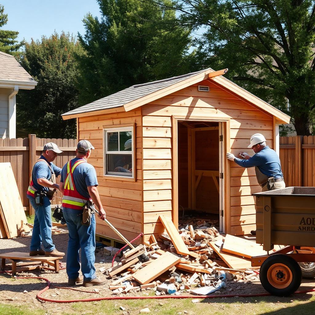 Shed demolition crew tearing down a backyard shed
