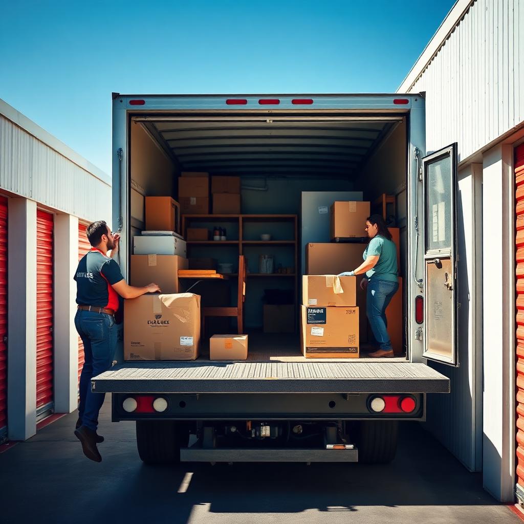 Storage unit cleanout with items being loaded into a truck