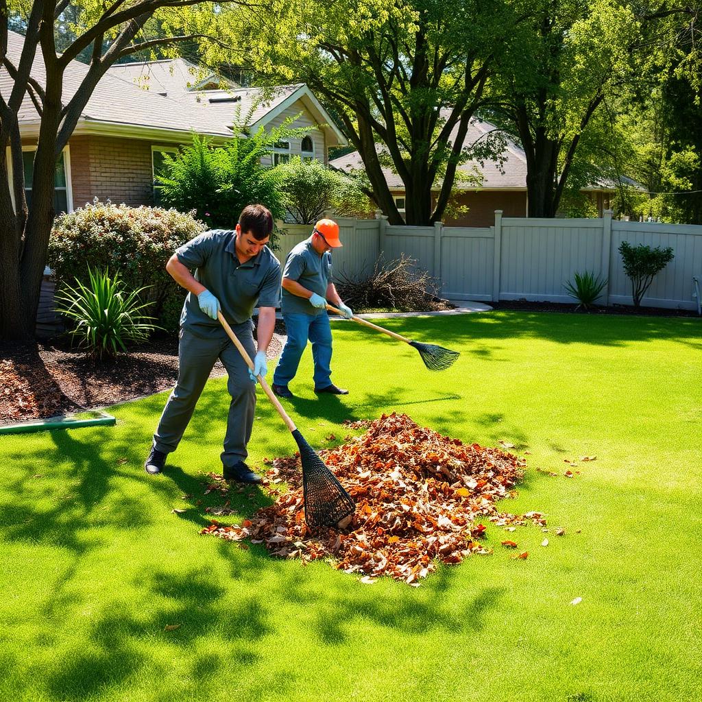Yard cleanup crew raking leaves and clearing debris
